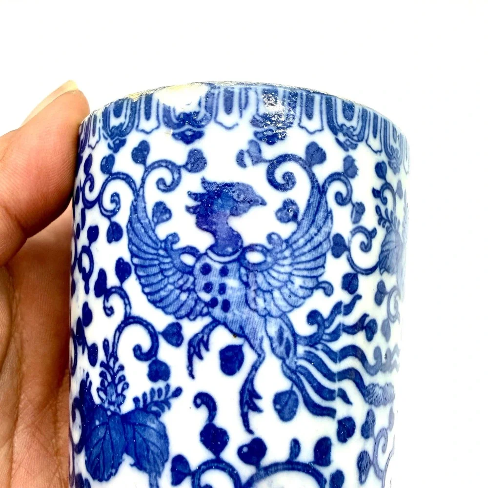 Antique Morimura Bros Blue White Porcelain Phoenix Lidded Jar Cup Japan
